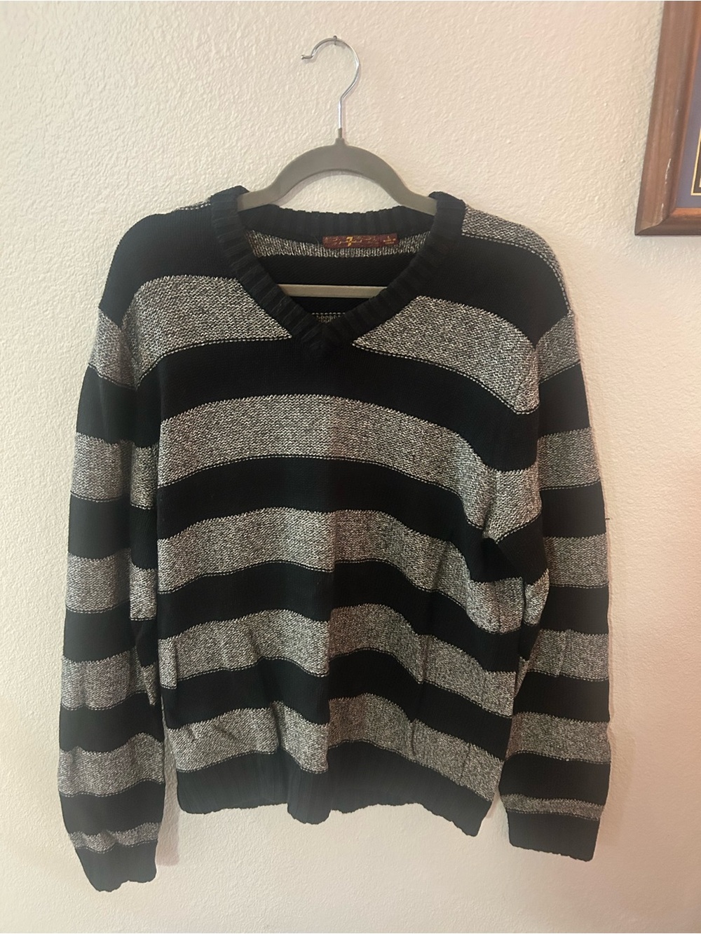 7 For All Mankind Black and Gray Striped V-Neck Knit Sweater